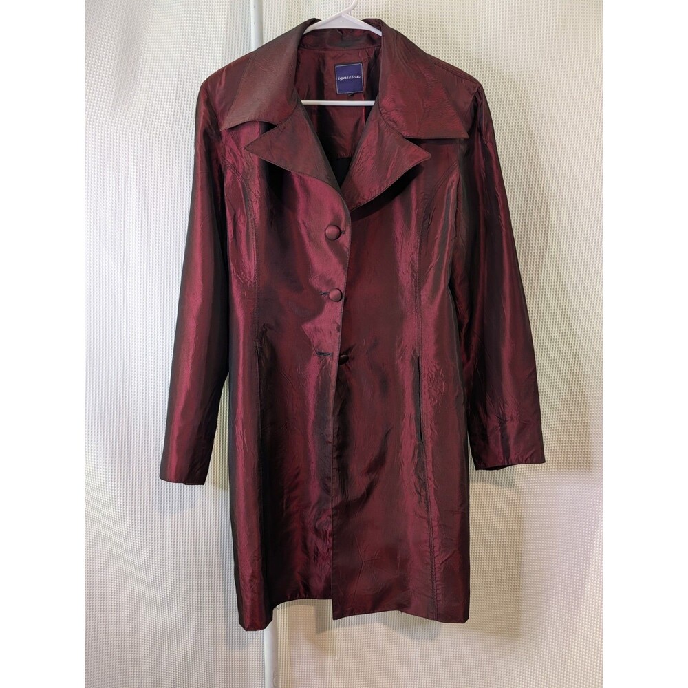 Vtg 90s Y2K Burgundy Button-Front Jacket Maroon Red Coat Ignisian Trench L (K10)